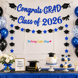 Blue Black Glitter Graduation Decorations, Class of 2026 Banner, Caps Garland (Pre-Strung)