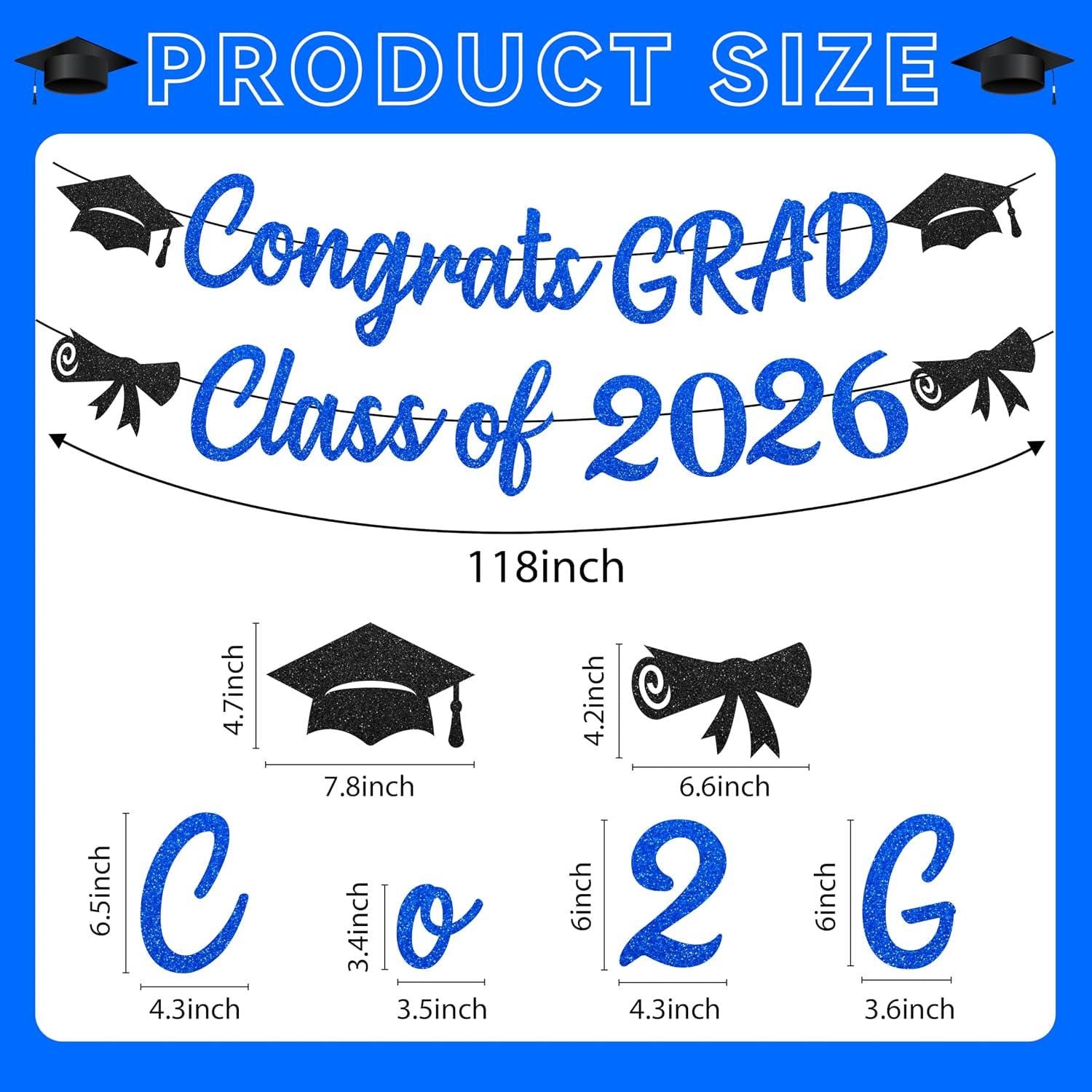 Blue Black Glitter Graduation Decorations, Class of 2026 Banner, Caps Garland (Pre-Strung)