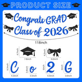 Blue Black Glitter Graduation Decorations, Class of 2026 Banner, Caps Garland (Pre-Strung)
