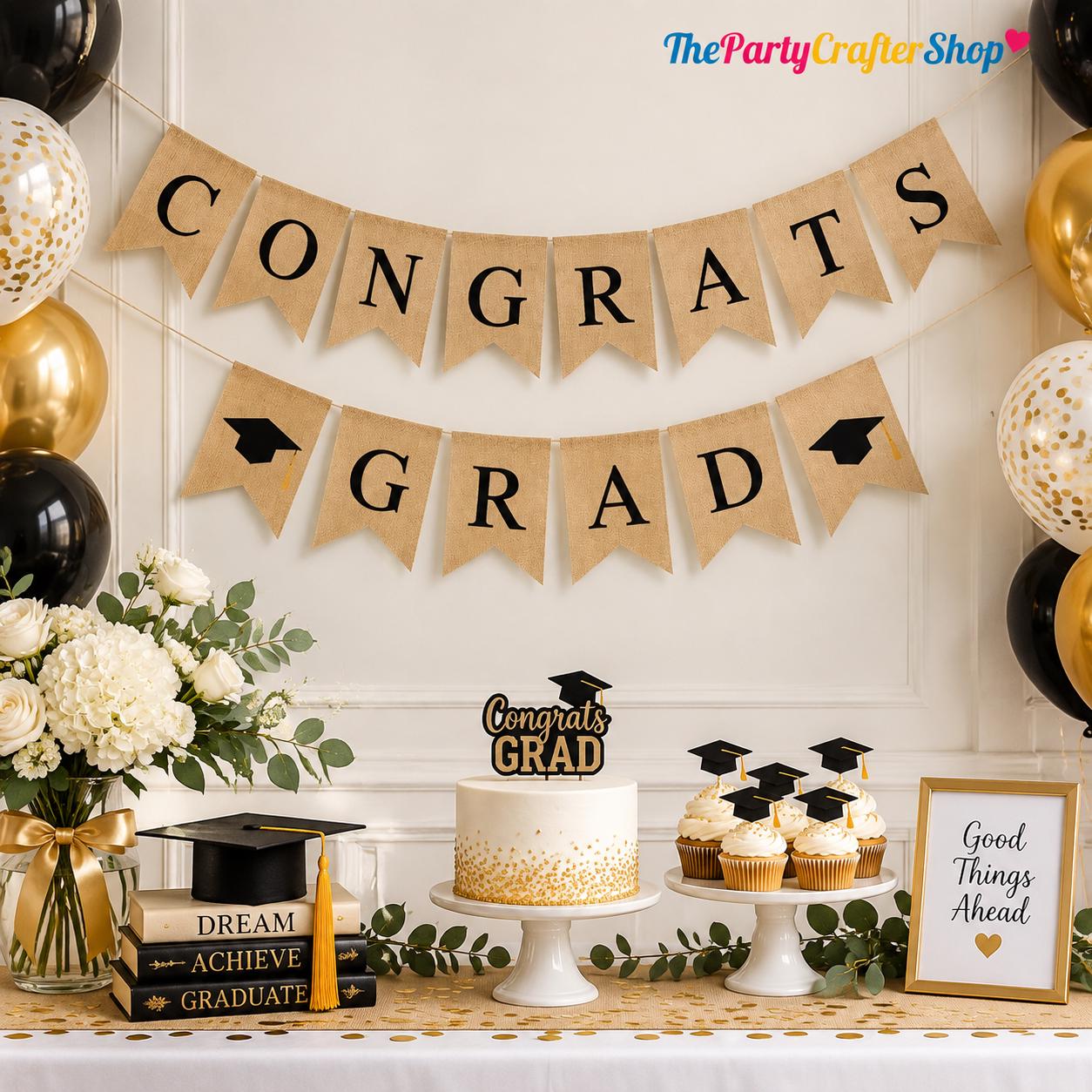 Congrats Grad Burlap Banner, Class of 2026, Rustic Graduation Party Decor