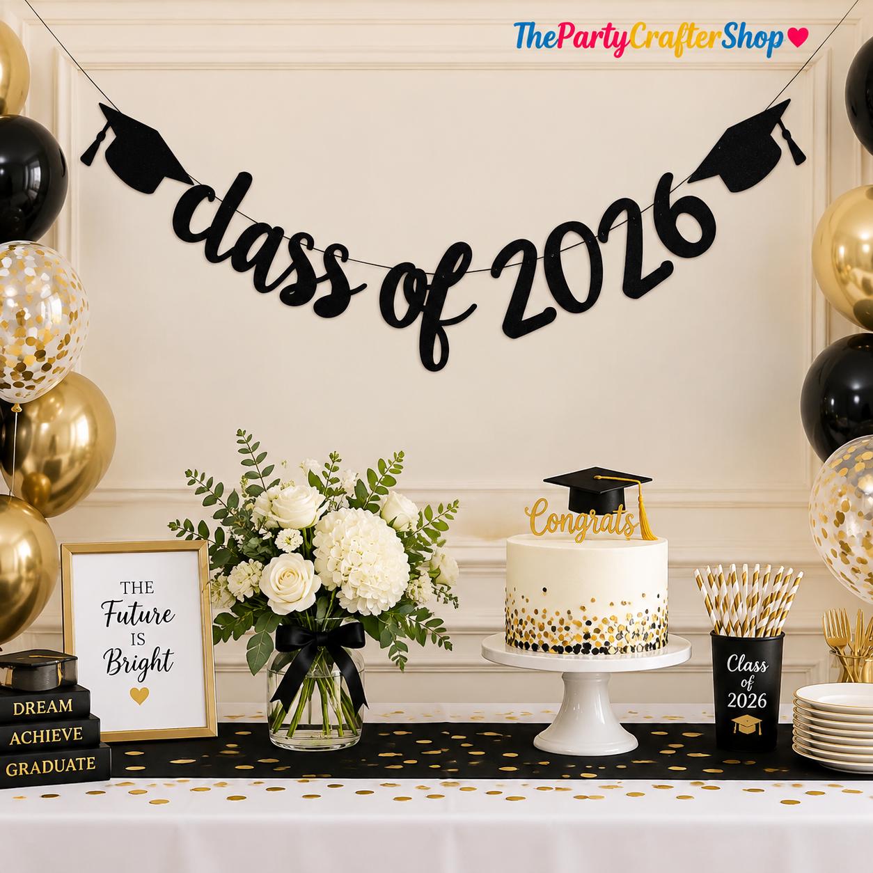 2026 Graduation Banner, Black Glitter Garland, Class of 2026 Party Decor (9.84ft Ribbon)