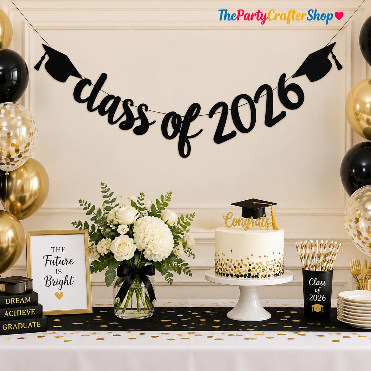 2026 Graduation Banner, Black Glitter Garland, Class of 2026 Party Decor (9.84ft Ribbon)