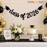 2026 Graduation Banner, Black Glitter Garland, Class of 2026 Party Decor (9.84ft Ribbon)