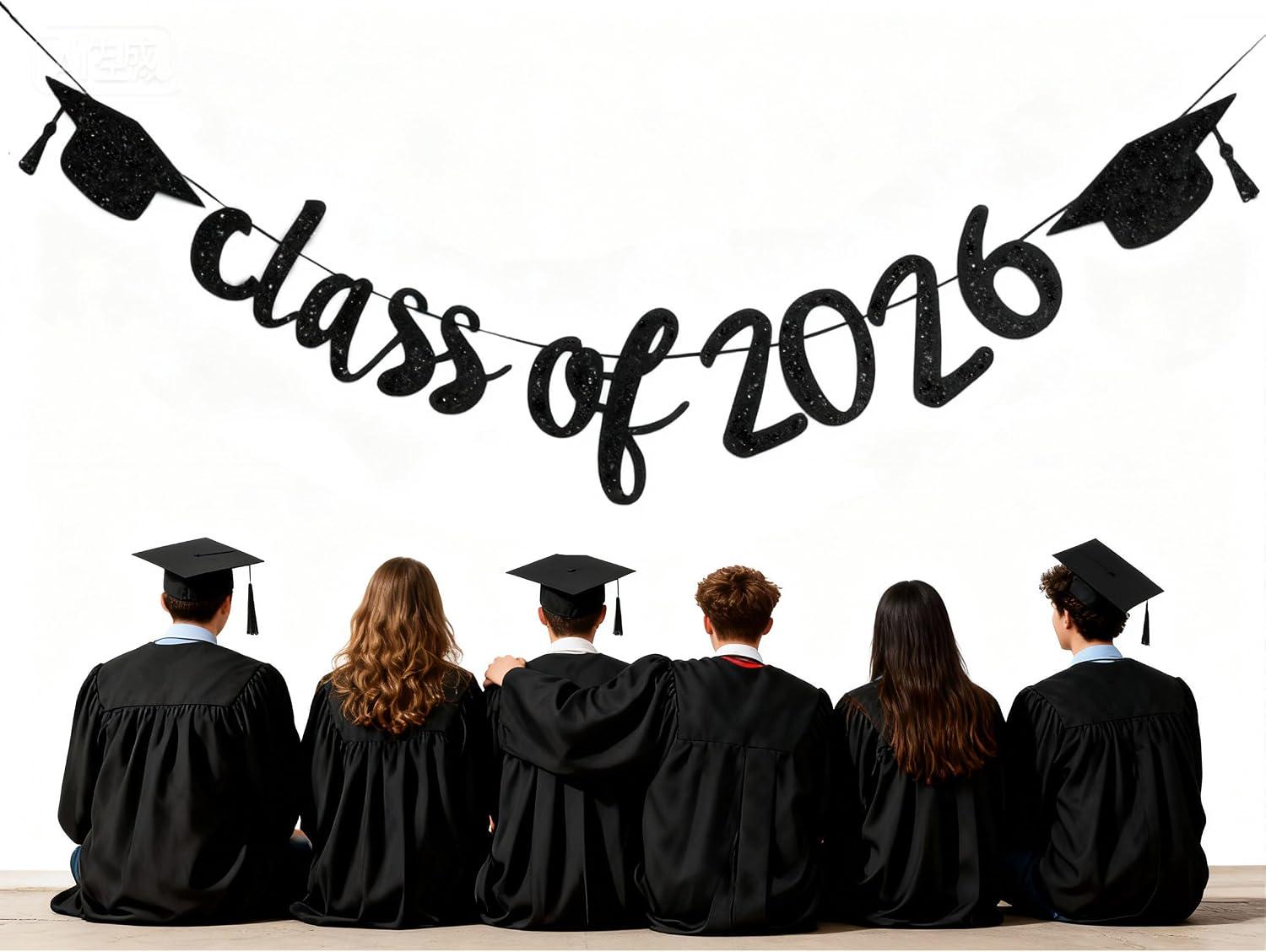 2026 Graduation Banner, Black Glitter Garland, Class of 2026 Party Decor (9.84ft Ribbon)