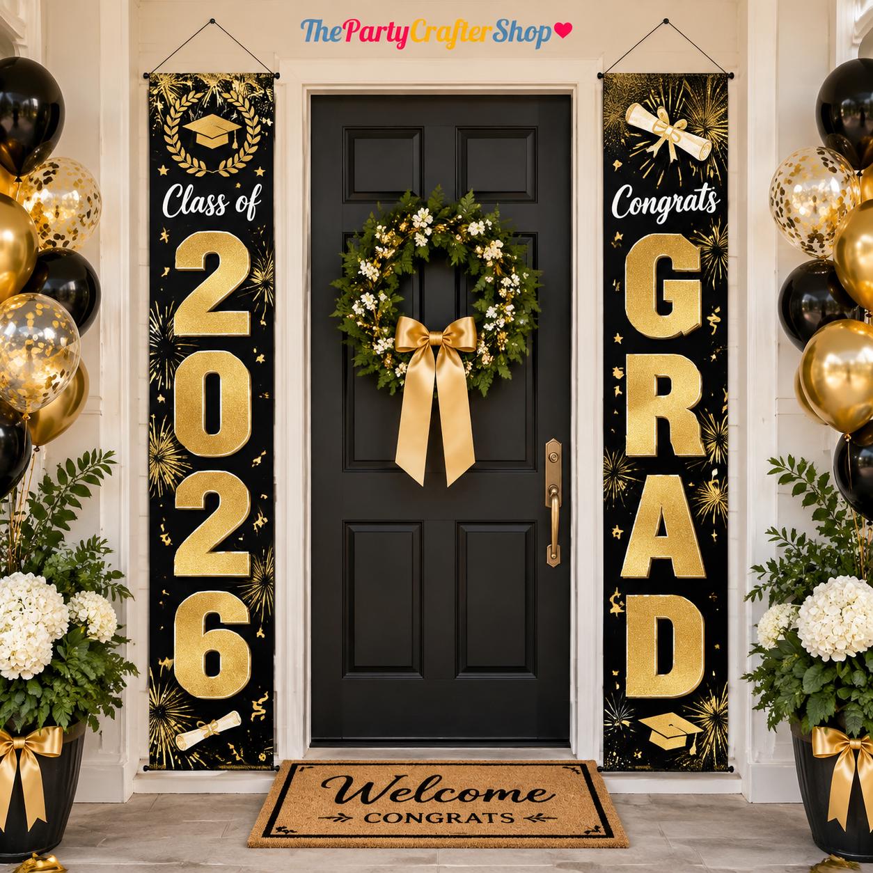 Class of 2026 Graduation Banner Set, Black Gold Oxford Fabric, Indoor Outdoor Decor