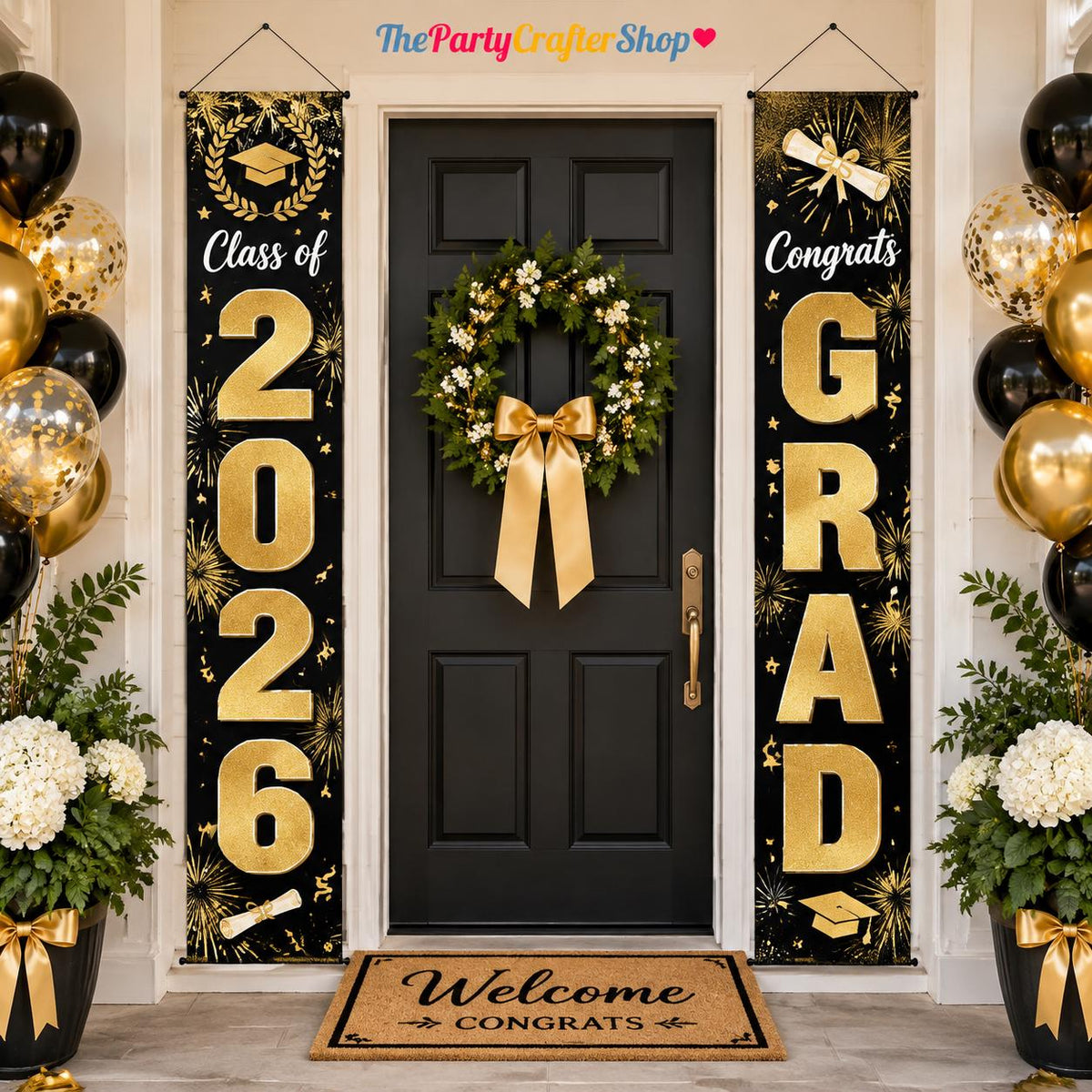 Class of 2026 Graduation Banner Set, Black Gold Oxford Fabric, Indoor Outdoor Decor