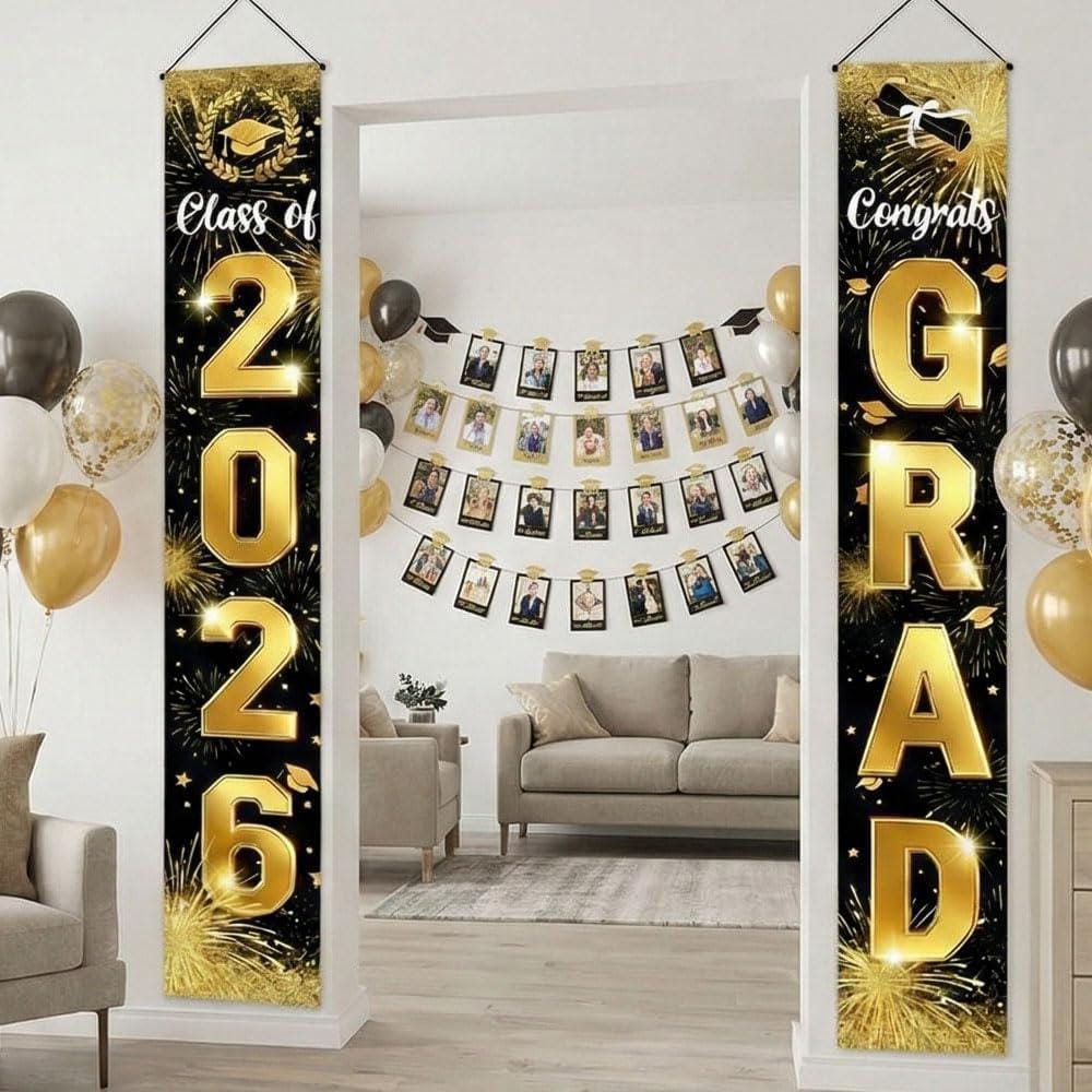 Class of 2026 Graduation Banner Set, Black Gold Oxford Fabric, Indoor Outdoor Decor