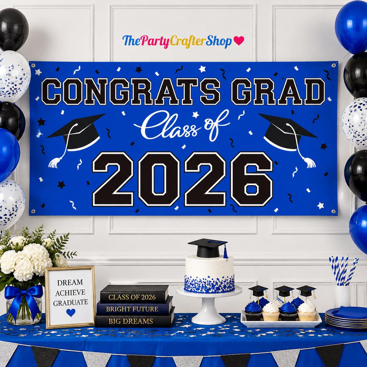 2026 Graduation Banner, Blue Congrats Grad Sign, Class of 2026 Party Decorations (65x32.7 Inch)