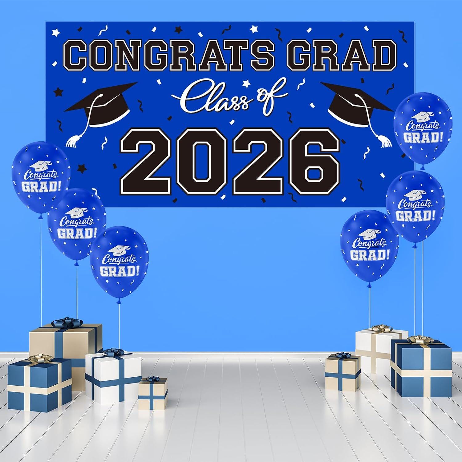 2026 Graduation Banner, Blue Congrats Grad Sign, Class of 2026 Party Decorations (65x32.7 Inch)