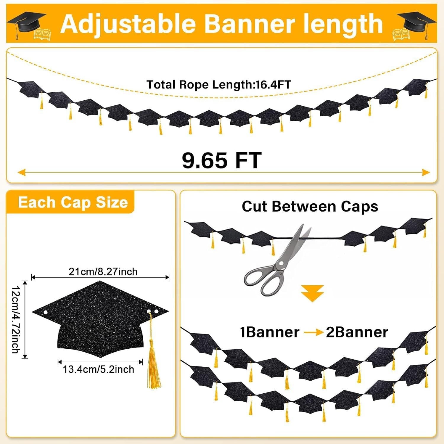 Class of 2026 Graduation Banner, Black Glitter Caps with Gold Tassels (9.6FT)