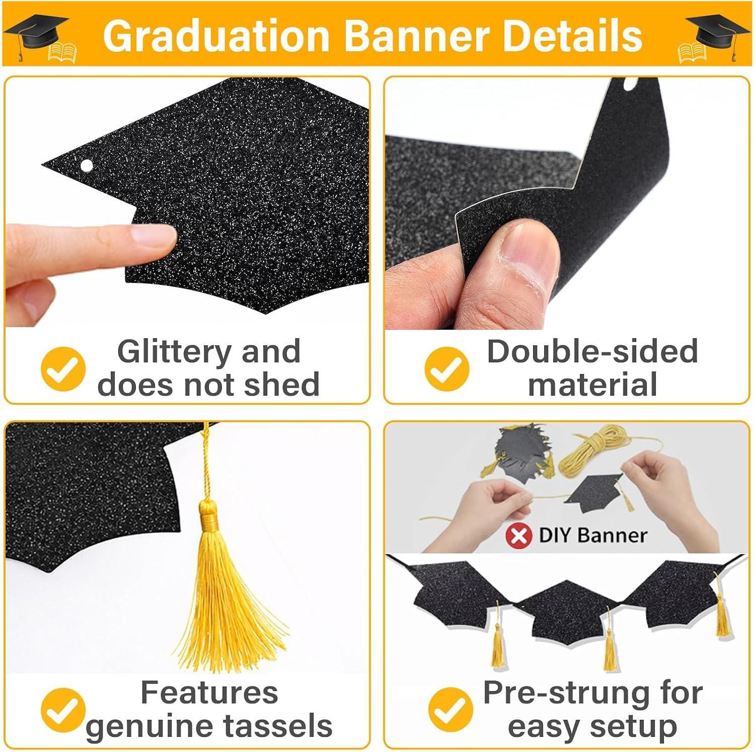 Class of 2026 Graduation Banner, Black Glitter Caps with Gold Tassels (9.6FT)