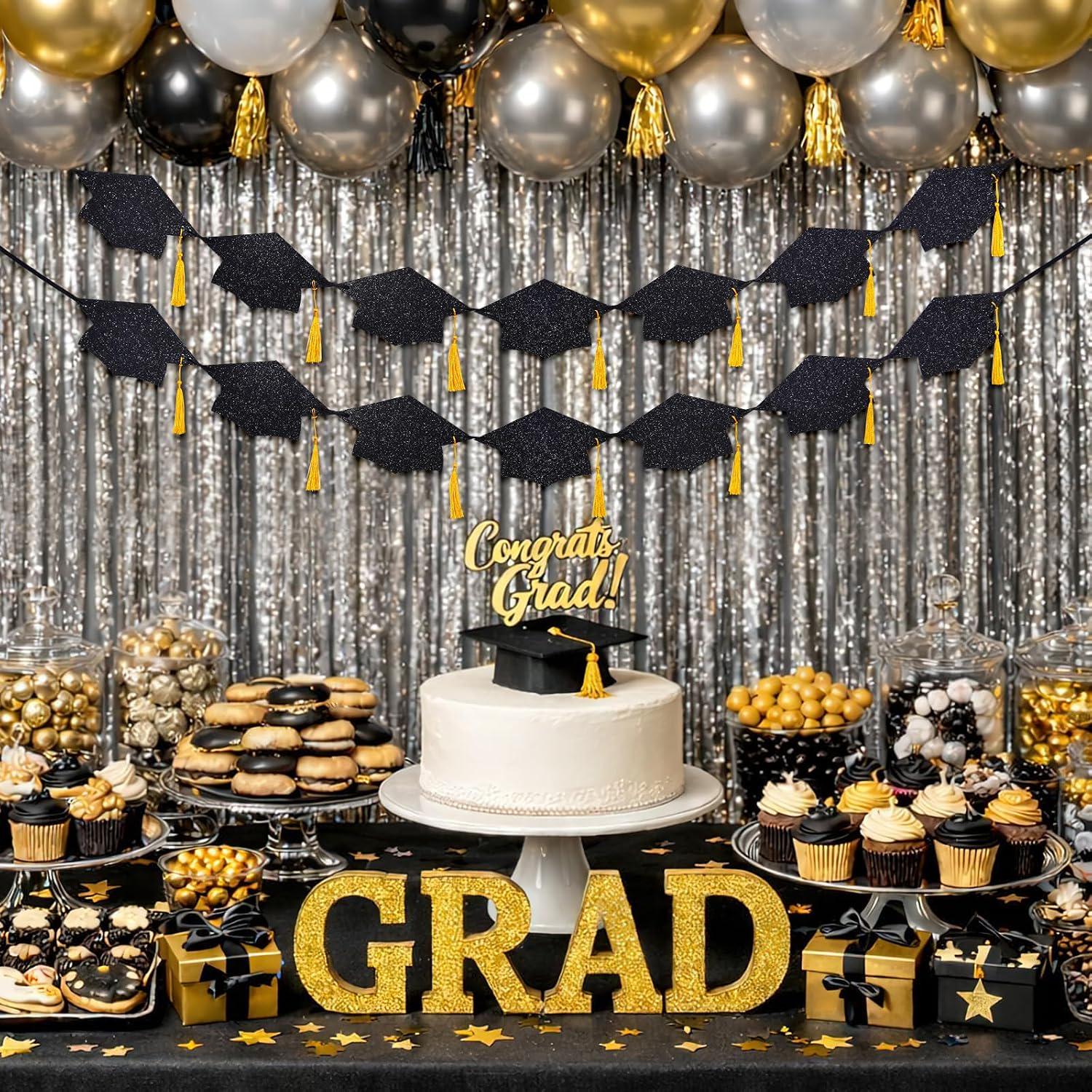 Class of 2026 Graduation Banner, Black Glitter Caps with Gold Tassels (9.6FT)
