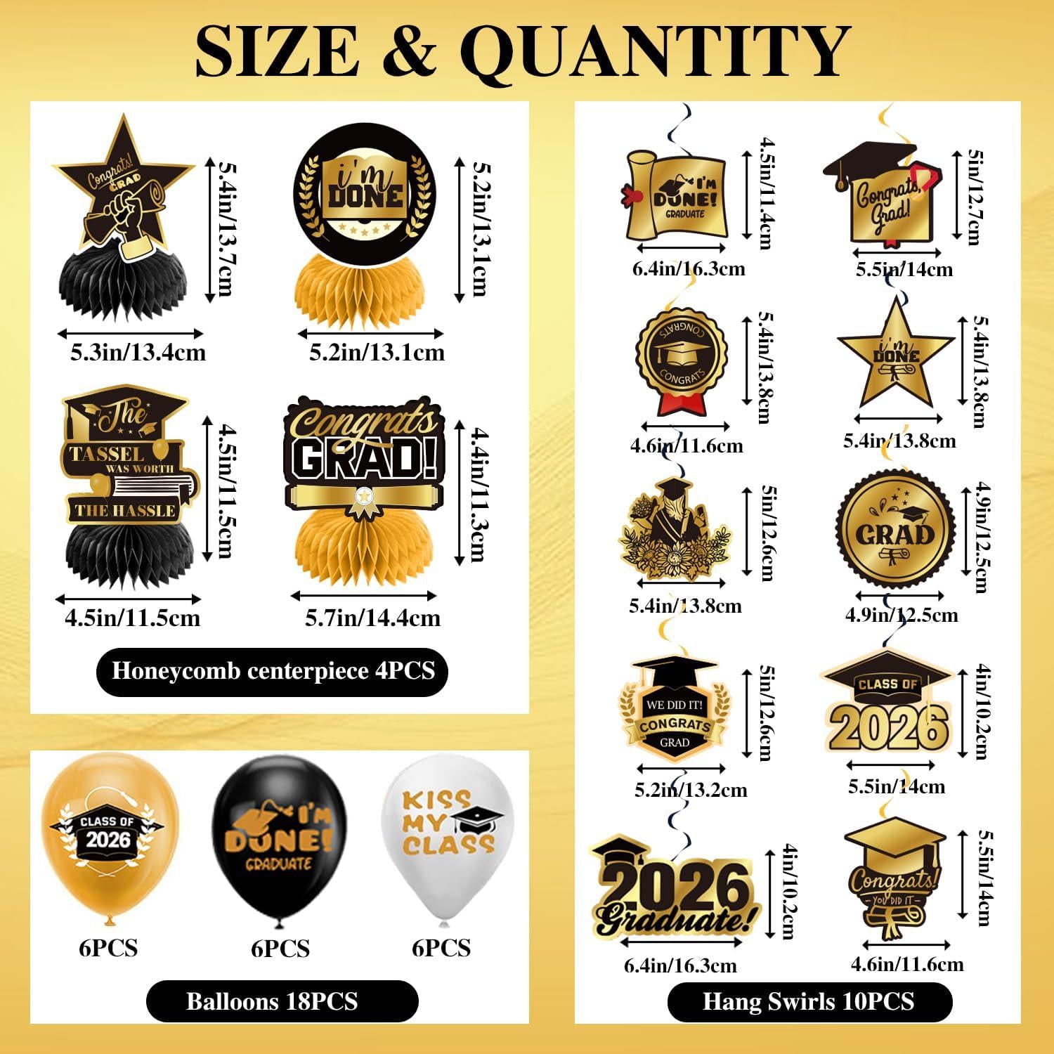 Class of 2026 Graduation Party Kit, Gold Black Balloons, Backdrop, Banner, Streamers