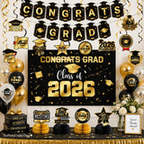 Class of 2026 Graduation Party Kit, Gold Black Balloons, Backdrop, Banner, Streamers