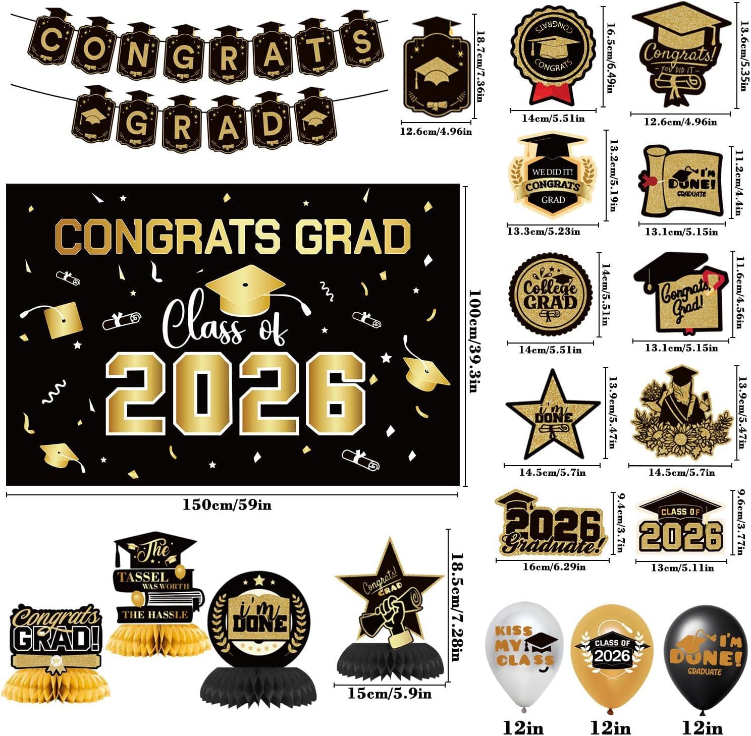 Class of 2026 Graduation Party Decorations Set, Black Gold Backdrop, Balloons, Banner Kit
