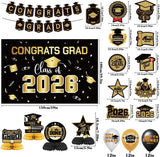 Class of 2026 Graduation Party Decorations Set, Black Gold Backdrop, Balloons, Banner Kit
