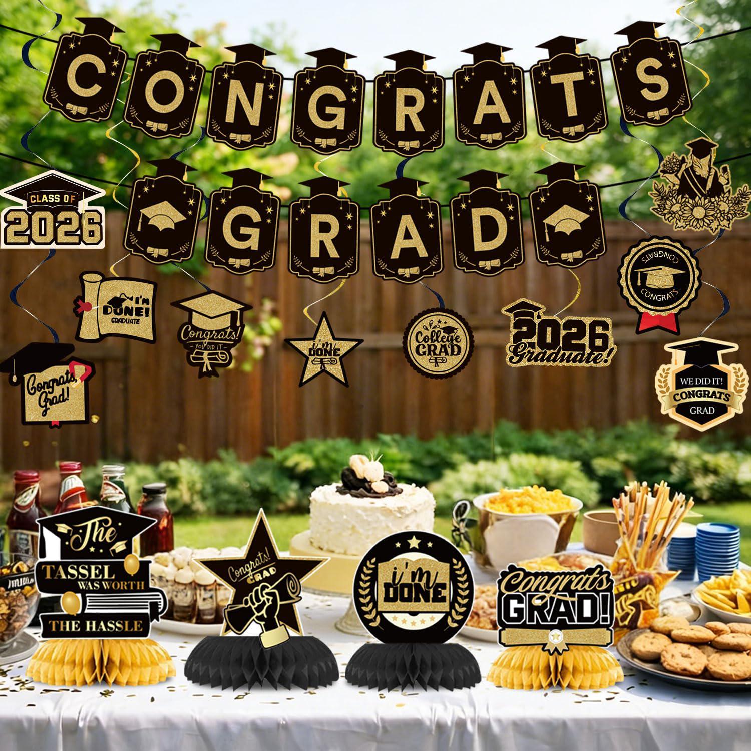 Class of 2026 Graduation Party Decorations Set, Black Gold Backdrop, Balloons, Banner Kit
