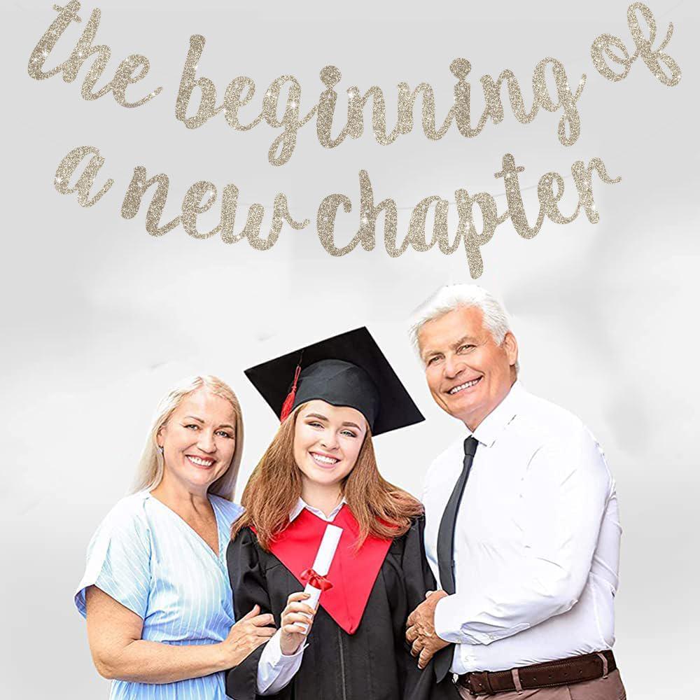 Champagne Glitter New Chapter Banner, Pre-Strung Graduation Sign, Farewell Party Garland