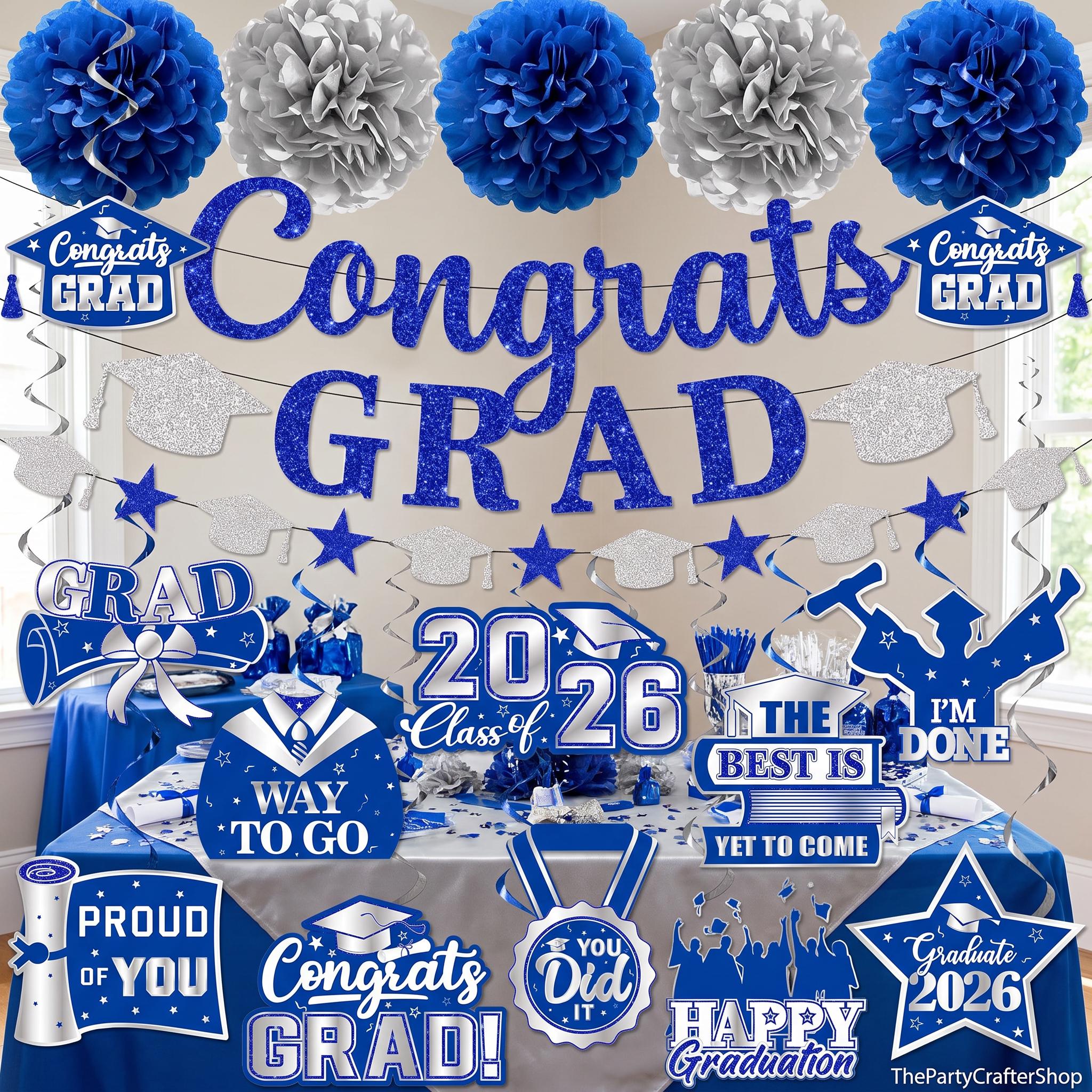 2026 Graduation Party Decorations, Blue Glitter Banner, Pom Poms, Swirls (Class of 2026)