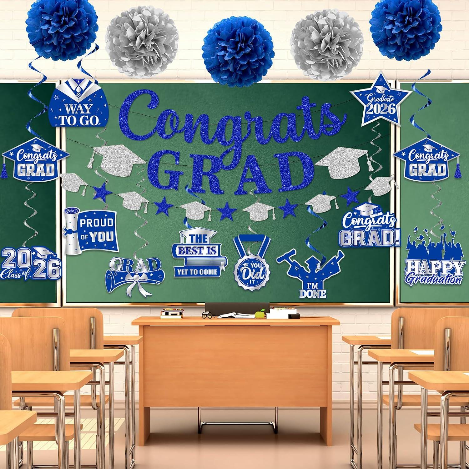 2026 Graduation Party Decorations, Blue Glitter Banner, Pom Poms, Swirls (Class of 2026)