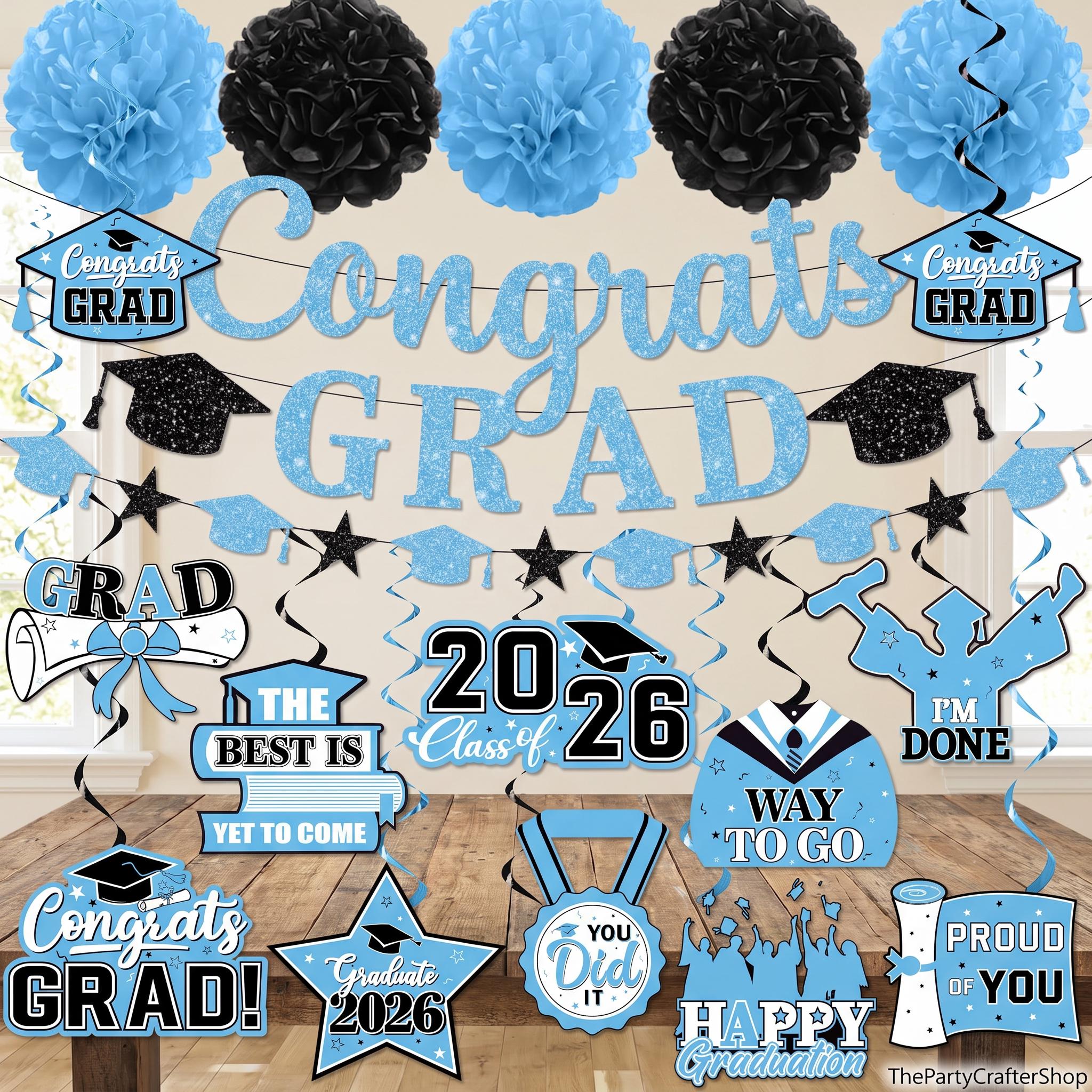 Baby Blue Graduation Decorations, Class of 2026 Party Set (Banner, Pom Poms, Swirls)