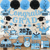 Baby Blue Graduation Decorations, Class of 2026 Party Set (Banner, Pom Poms, Swirls)