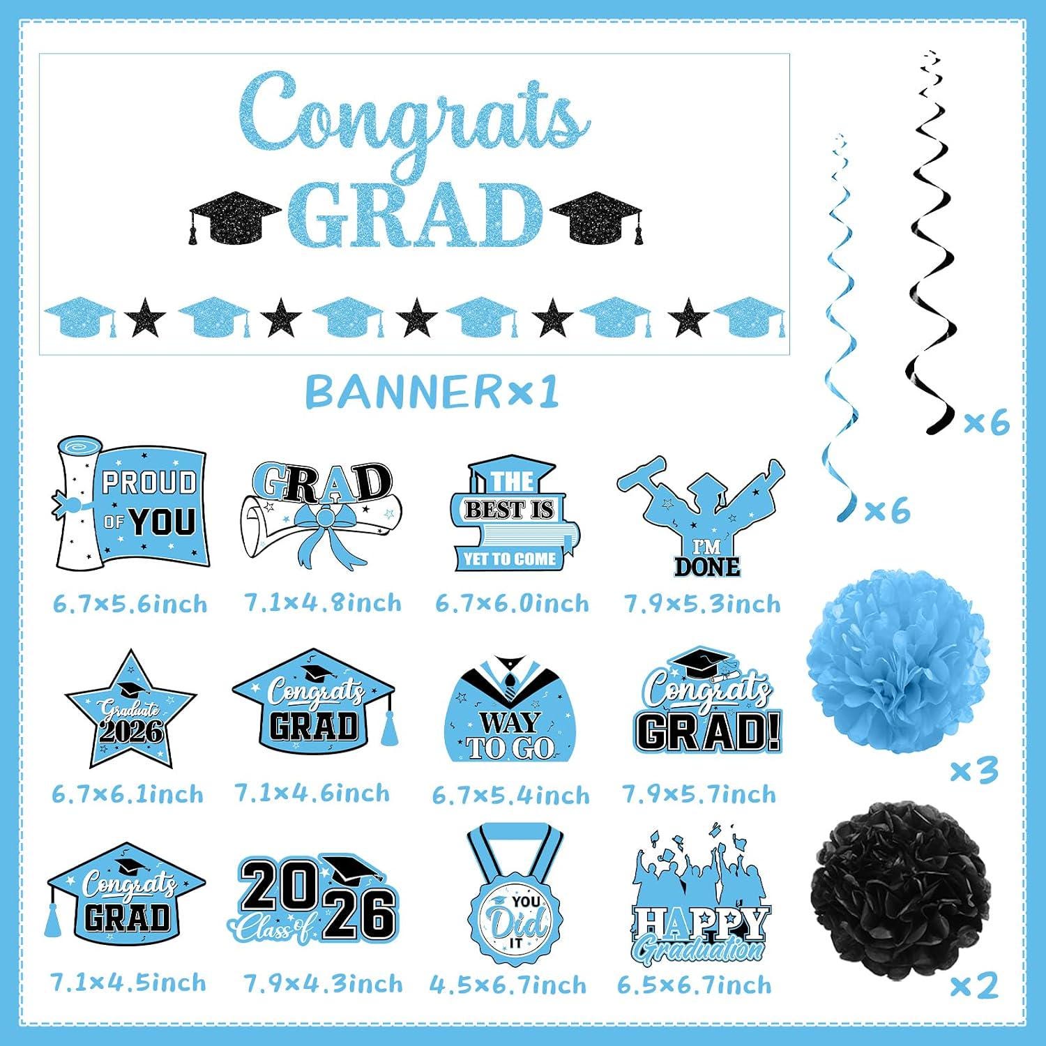 Baby Blue Graduation Decorations, Class of 2026 Party Set (Banner, Pom Poms, Swirls)