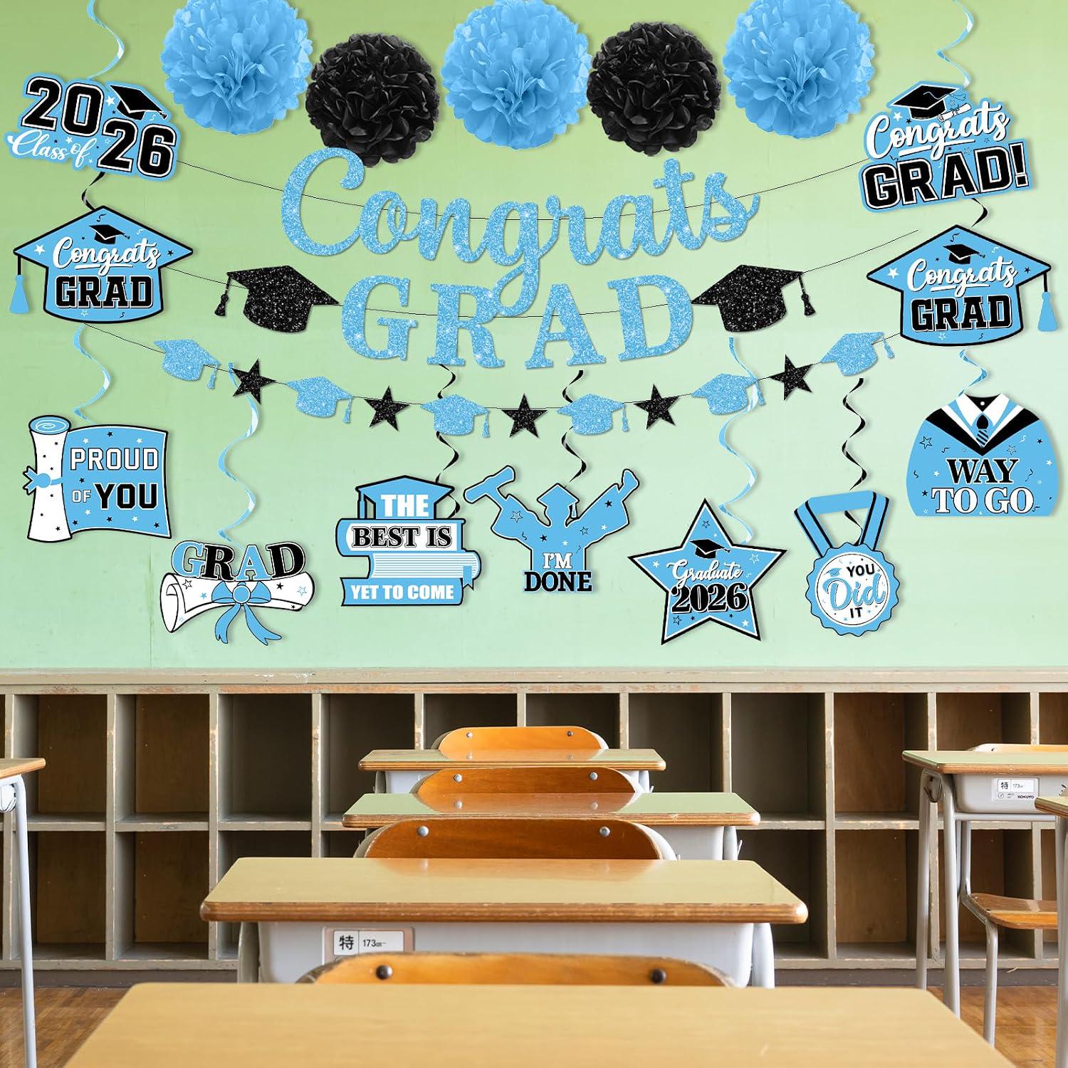 Baby Blue Graduation Decorations, Class of 2026 Party Set (Banner, Pom Poms, Swirls)