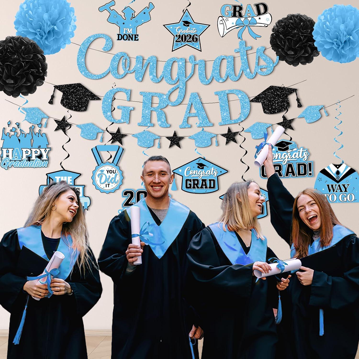 Baby Blue Graduation Decorations, Class of 2026 Party Set (Banner, Pom Poms, Swirls)