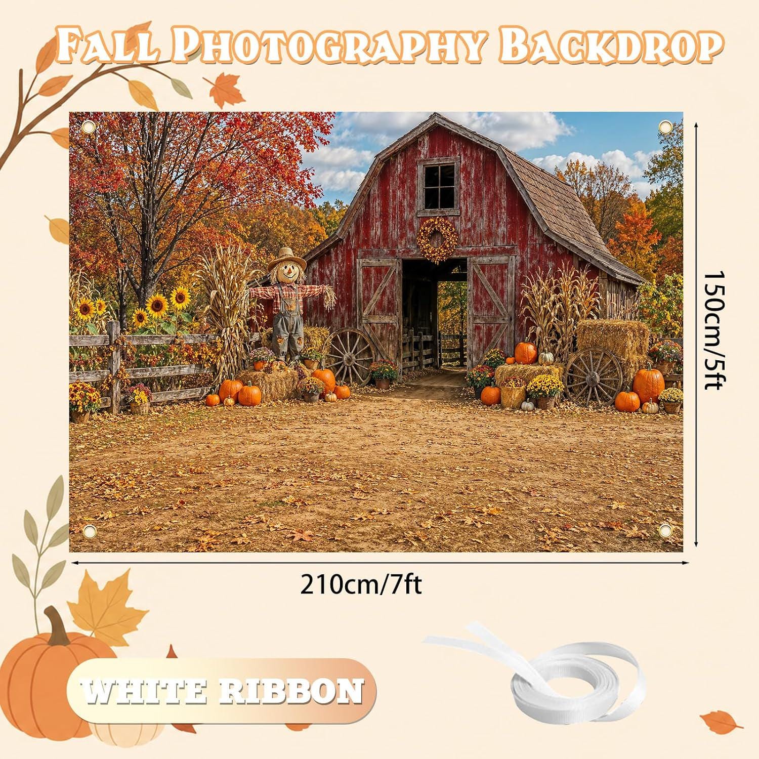7x5FT Fall Barn Backdrop, Autumn Scarecrow Pumpkin Photography Background (Foldable Polyester)
