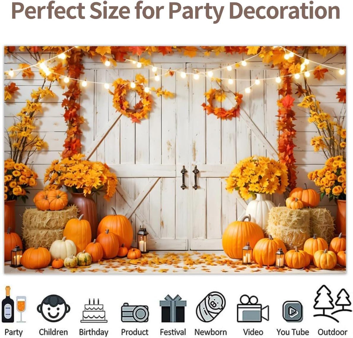 10x8FT Autumn Harvest Photo Backdrop, Pumpkin Barn Door, Maple Leaf Sunflower (Fabric)