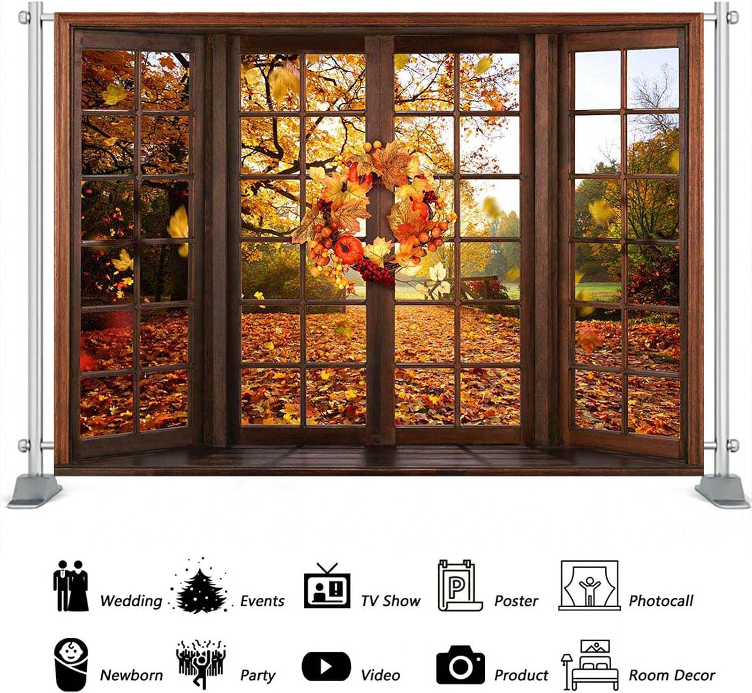 7x5FT Fall Forest Backdrop, Autumn Window Photography Banner, Maple Leaf Happy Decoration, Thanksgiving Party Decor