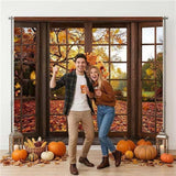 7x5FT Fall Forest Backdrop, Autumn Window Photography Banner, Maple Leaf Happy Decoration, Thanksgiving Party Decor
