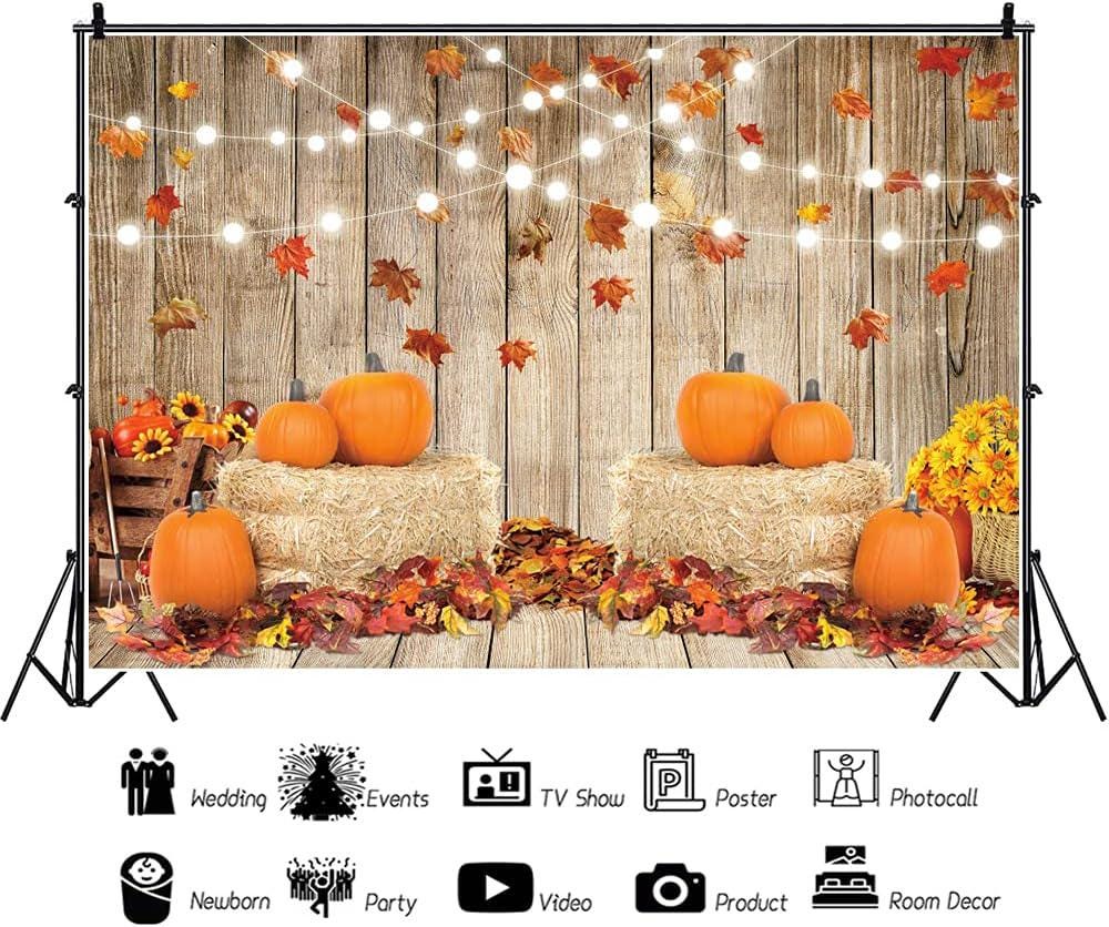 7x5FT Fall Photography Backdrop, Pumpkin Harvest Barn, Friendsgiving Party Props (Vinyl)