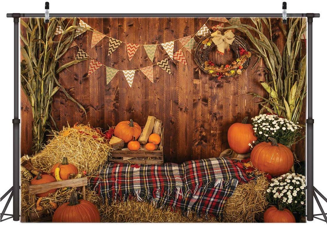 7x5FT Rustic Wood Barn Thanksgiving Backdrop, Harvest Pumpkin Leaves Photo Prop (Vinyl)