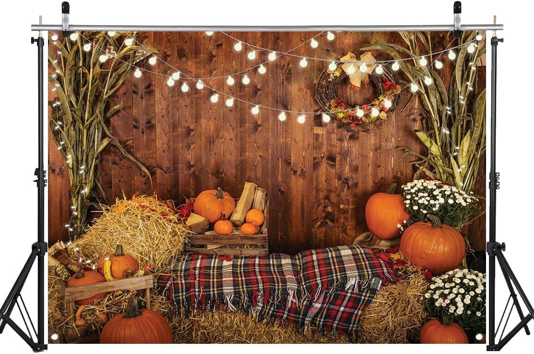 10x7FT Fall Photography Backdrop, Rustic Wooden Pumpkin Haystack (Vinyl)