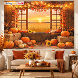 10x8FT Autumn Harvest Barn Window Backdrop, Pumpkin Maple Leaf Photography Background (10x8FT)