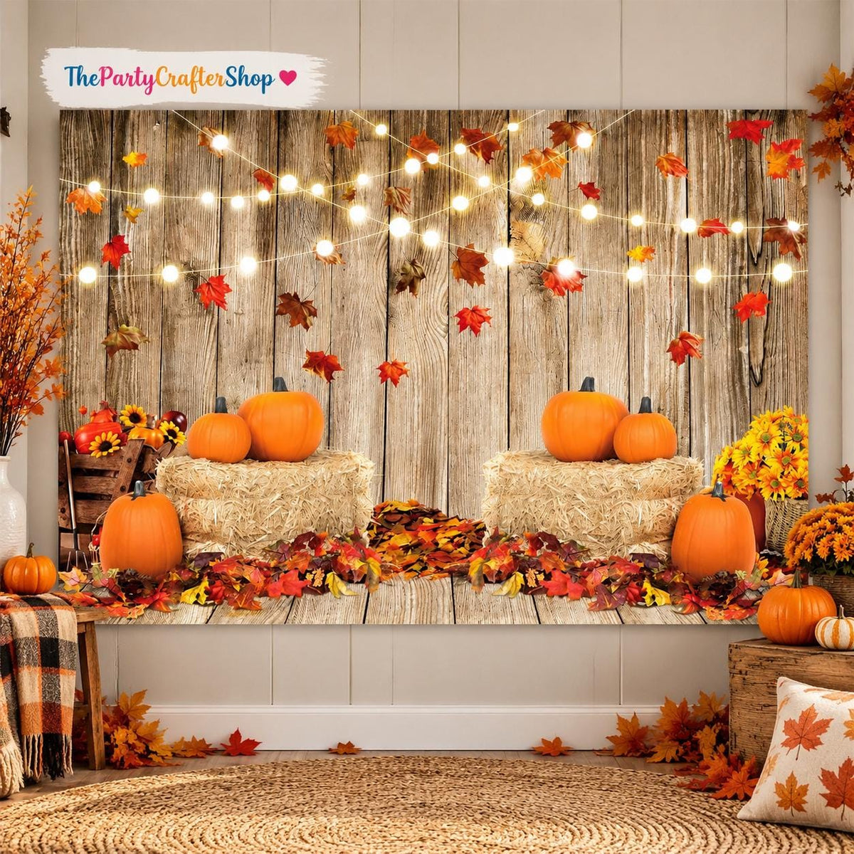7x5FT Fall Photography Backdrop, Pumpkin Harvest Barn, Friendsgiving Party Props (Vinyl)