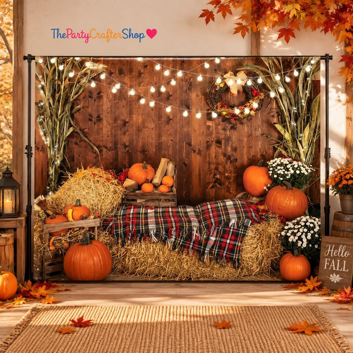 10x7FT Fall Photography Backdrop, Rustic Wooden Pumpkin Haystack (Vinyl)