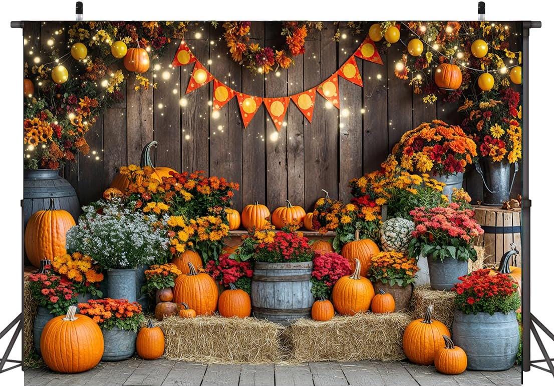 7x5FT Autumn Harvest Backdrop, Pumpkin Maple Leaves, Rustic Party Photography Decor