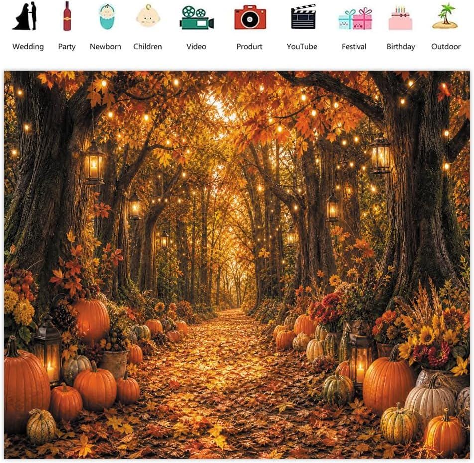 10x8FT Fall Forest Backdrop, Autumn Woodland Pumpkin Maple Leaf Photography Background (Vinyl Cloth)