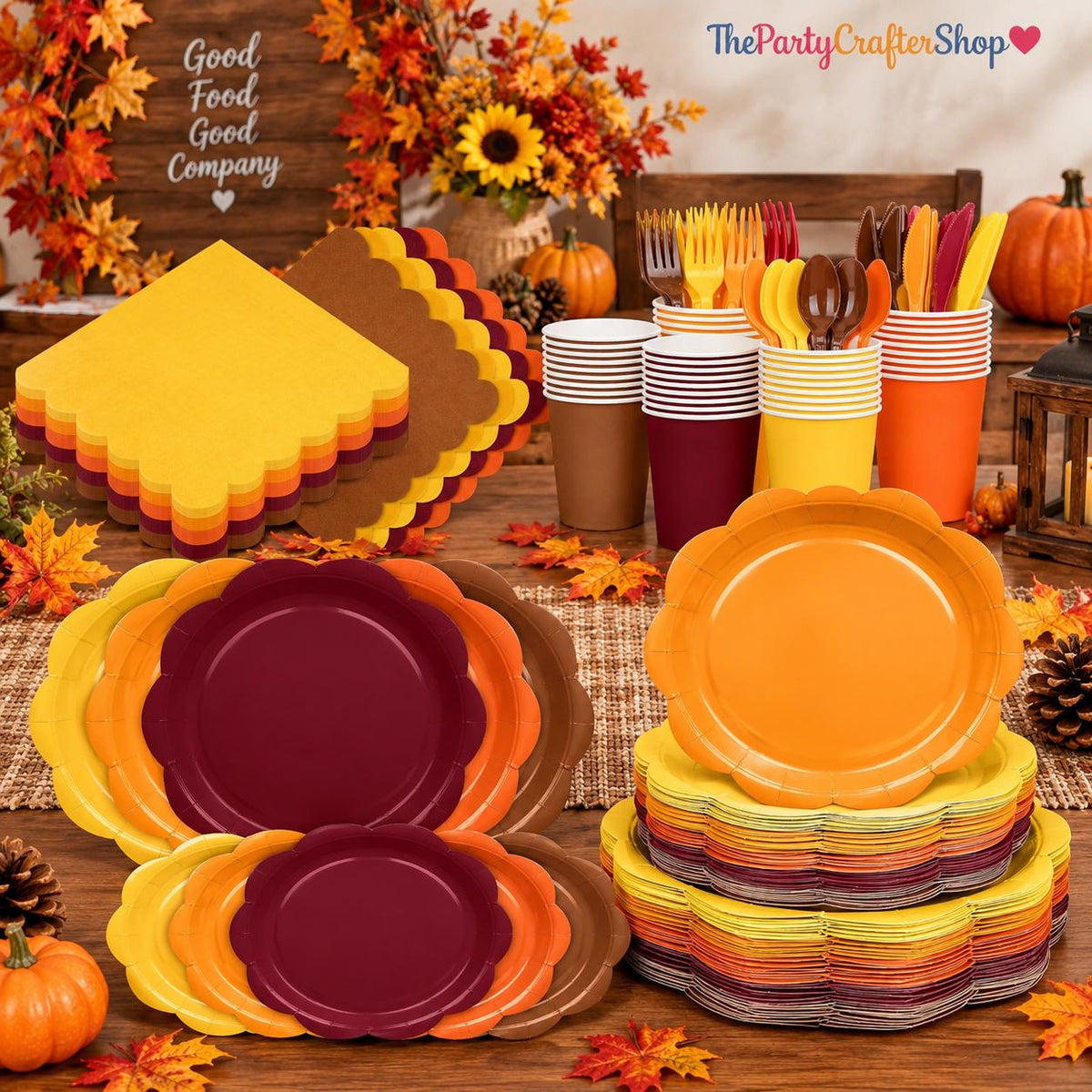 350pc Fall Party Tableware Set, Autumn Gradient Plates, Napkins, Cups, Cutlery (50 Guests)