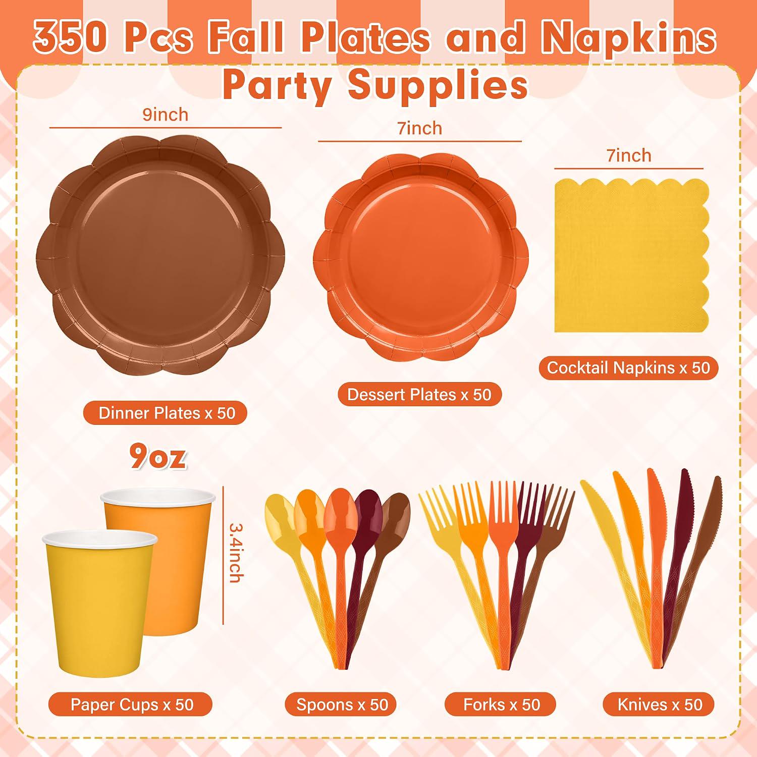 350pc Fall Party Tableware Set, Autumn Gradient Plates, Napkins, Cups, Cutlery (50 Guests)