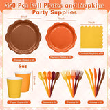 350pc Fall Party Tableware Set, Autumn Gradient Plates, Napkins, Cups, Cutlery (50 Guests)