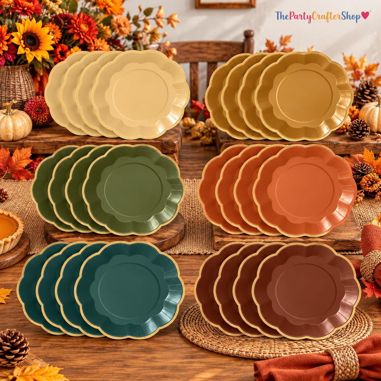 72pc Fall Paper Plates, 9 Inch Gradient Scalloped Gold Rim, Autumn Wedding Tableware