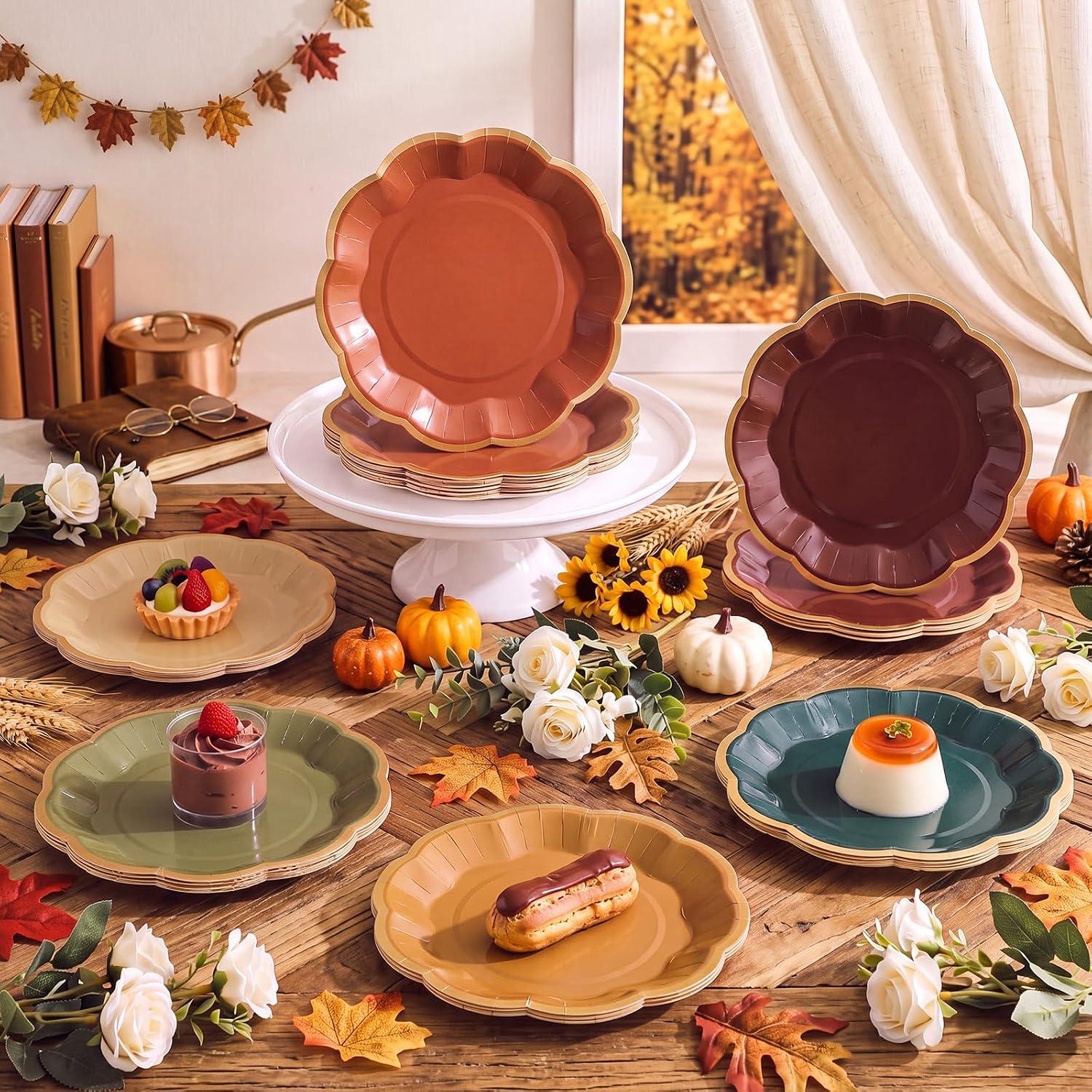 72pc Fall Paper Plates, 9 Inch Gradient Scalloped Gold Rim, Autumn Wedding Tableware