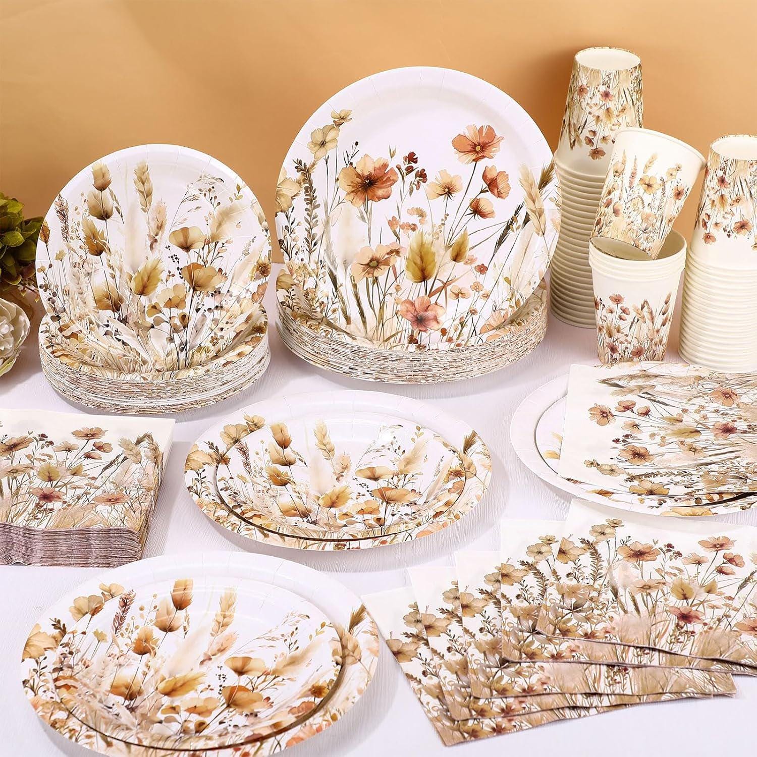 Fall Floral Tableware Set, Wildflower Paper Plates, Cups, Napkins (50 Guests)