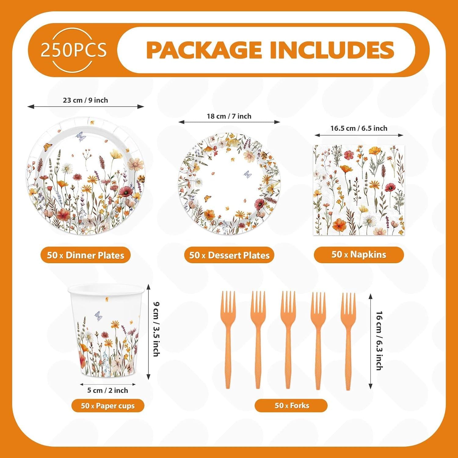 250pc Fall Floral Tableware Set, Autumn Wildflower Plates, Napkins, Cups, Forks (Serves 50)