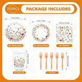 250pc Fall Floral Tableware Set, Autumn Wildflower Plates, Napkins, Cups, Forks (Serves 50)