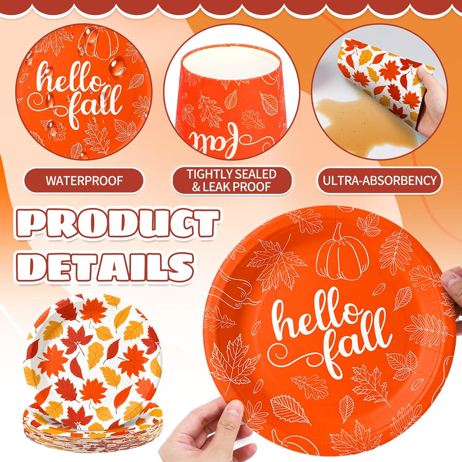 Hello Fall Maple Leaf Tableware Set, 120pc Autumn Party Dinnerware (Serves 24)